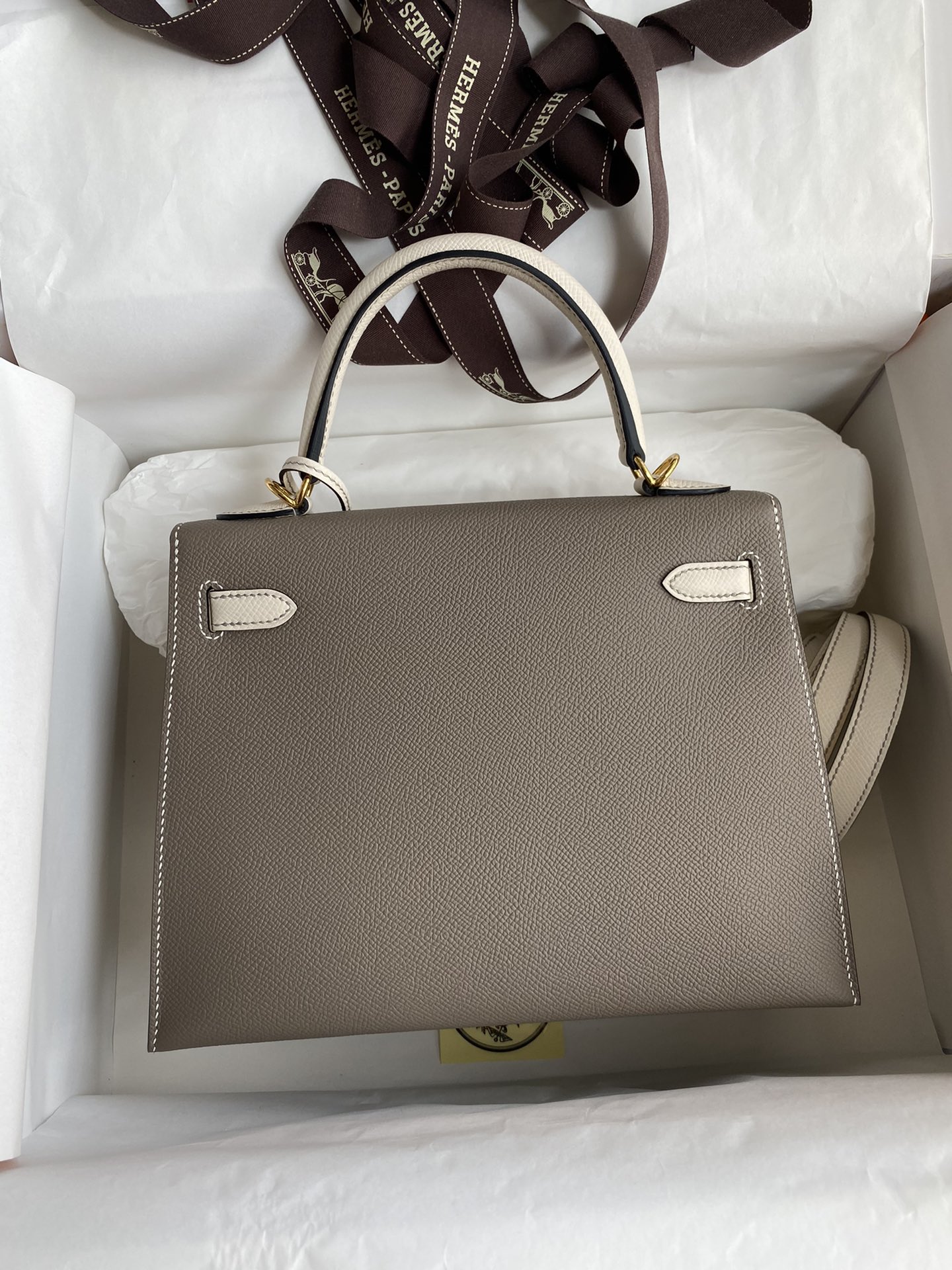 Hermes Kelly 25cm Handbag Shoulder Bag in Grey White Epsom Leather